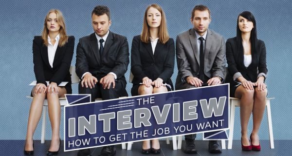 Five people in business suits sitting in a line with the text The interview How do get the job you want