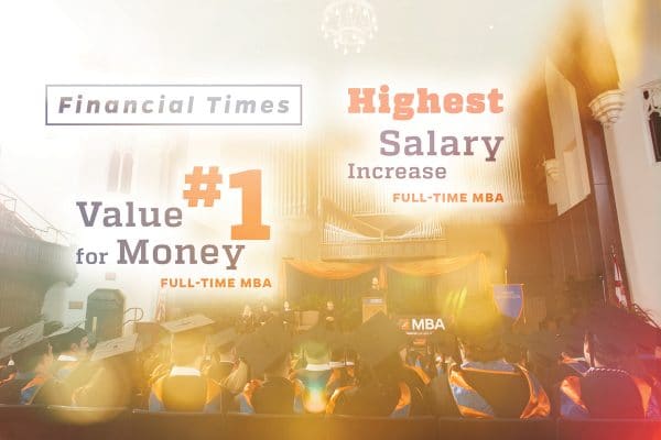 Graphic indicating Financial Times rankings for UF MBA: #1 Value for Money and Highest Salary Increase