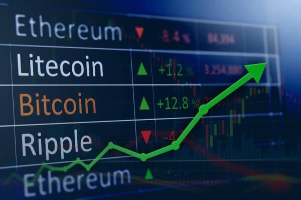 List of cryptocurrencies with a green arrow trending upward
