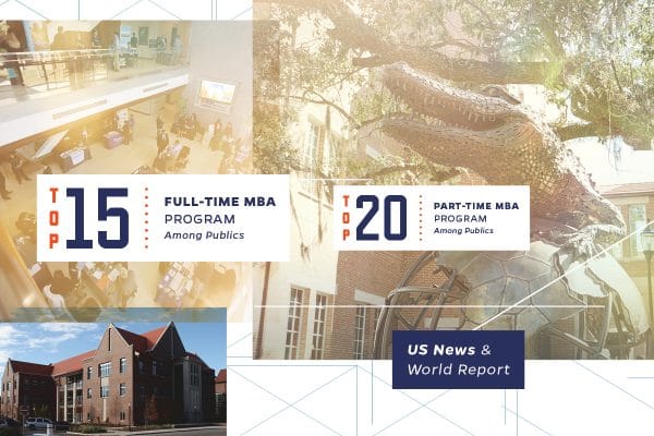 Collage of images of the inside and outside of Hough Hall and the Gator Ubiquity Statue with the text Top 15 Full-Time MBA Program among publics and Top 20 Part-Time MBA program among publics US News and World Report