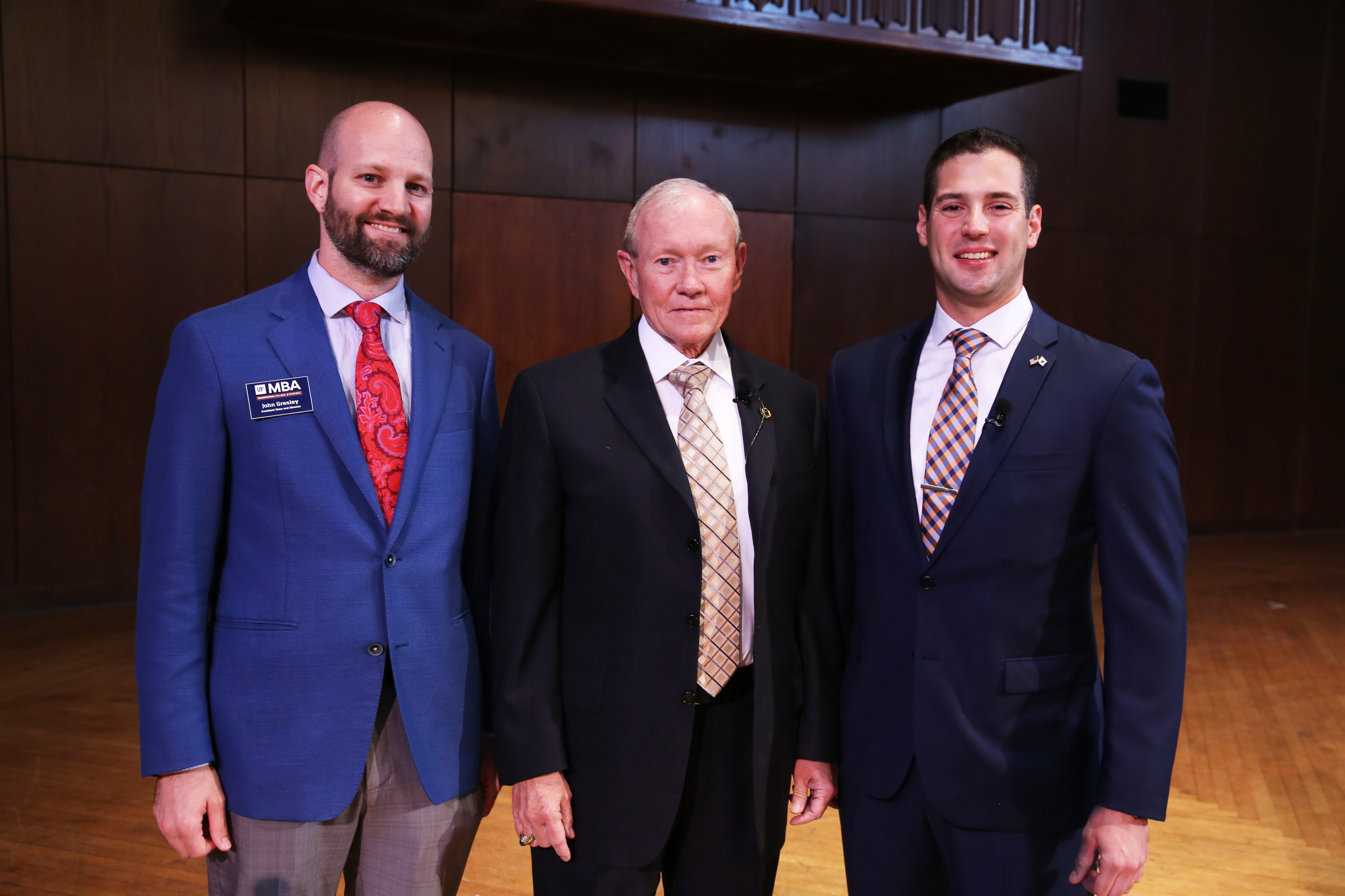 From left: Assistant Dean and Director of UF MBA John Gresley, General Martin E. Dempsey, U.S. Army, Retired, and UF MBA student Chris Salinas.
