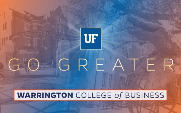 Orange and blue treated images of Heavener Hall and the Gator Ubiquity Statue with text that reads UF Go Greater Warrington College of Business