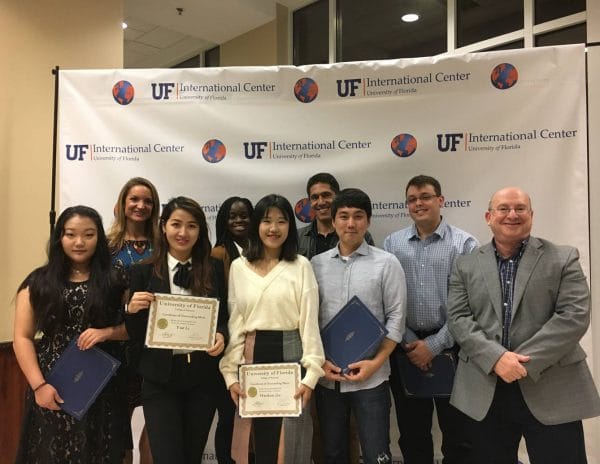 From left to right: Xinyi Pan (BSAc), nominated by Georganne Watson; Yue Li (BSBA), nominated by Jason Ward (not pictured); Hankun Jin (MIB, MS-ISOM), nominated by Ana Portocarrero (not pictured); Sang Kyu Park (Ph.D. -Marketing), nominated by Dr. Aner Sela; Bruno Pintchovski Rodriguez (MS-ISOM), nominated by Jessica Samsom; Joe Rojo, Director of International Programs Heavener School of Business.
