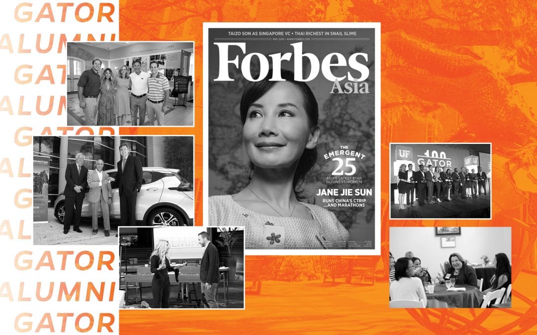 Features Warrington alumni Jane Sun, Alfonso Tejada, Steve Weiss, Andrew Starling, Barbara Jean Raskin and the 2018 Gator 100 winners with an orange background and the Gator Ubiquity Statue.