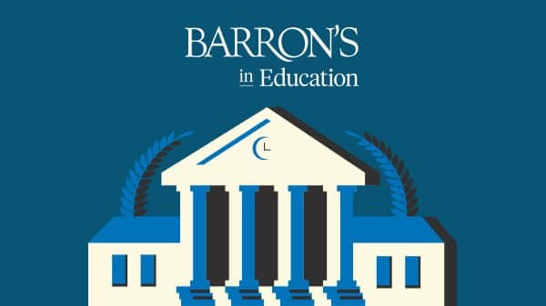 Barron's in Education written over a digital image of a white building