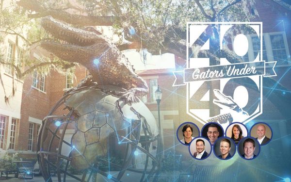 Gator Ubiquity statue with overlay of 40 Under 40 logo and seven circles with portraits of each 40 Under 40 winner.