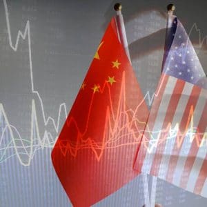 China and USA flag with grey background studio shot