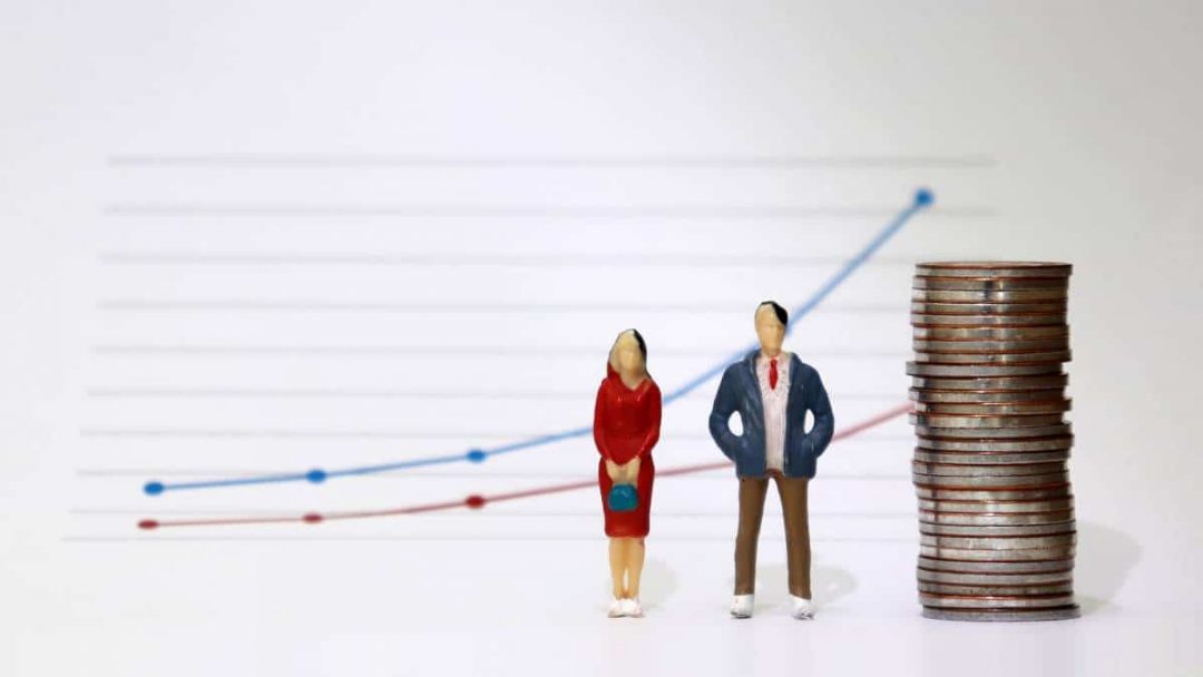 A miniature couple standing next to a pile of coins with a linear graph. The concept of the wage gap between men and women, which grows larger over time.