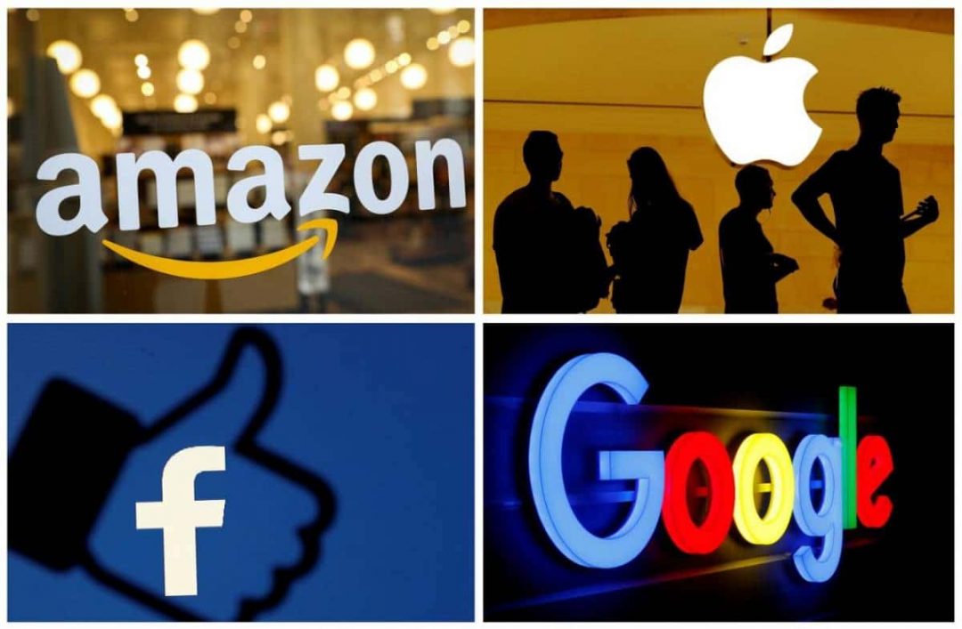 Logos in four quadrants for Amazon, Apple, Facebook and Google