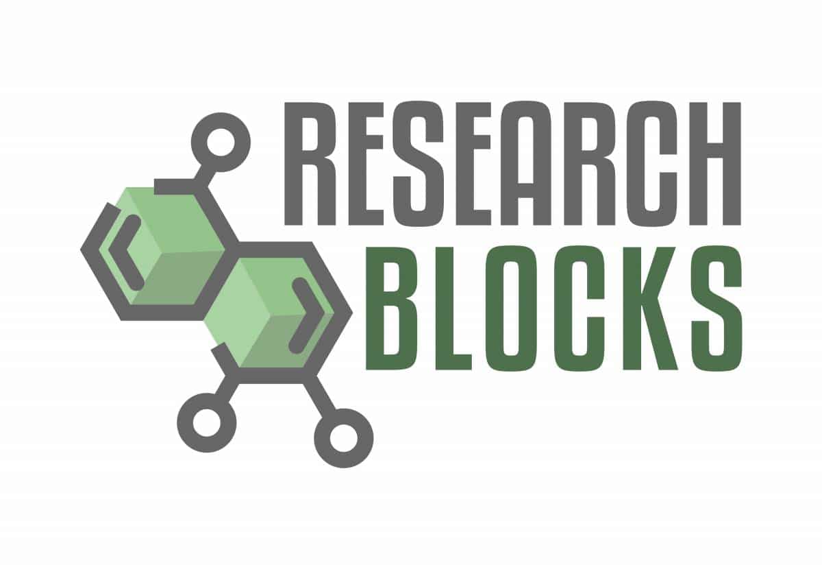 Research Blocks logo with digital rendering of organic compounds