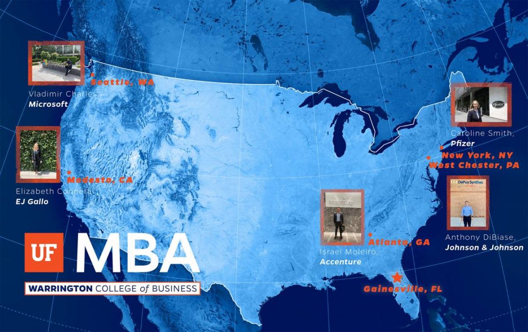 Map of the US with spots marking where UF MBA students are doing internships