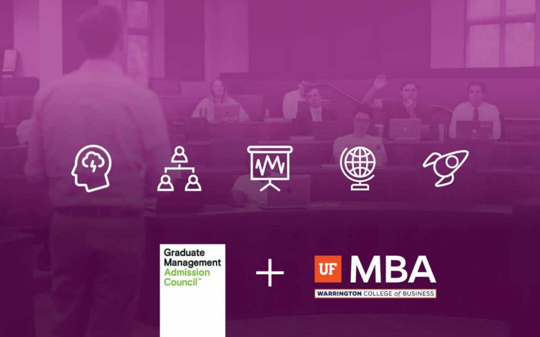 Five icons representing strategy, leadership, data analytics, international business and entrepreneurship over a photo of UF MBA students in a classroom. Below are GMAC and UF MBA logos