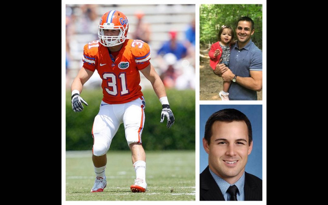 Large photo on the left of Brian Biada in his orange Gator Football uniform on the football field; top-right image of Brian Biada and his daughter'; bottom-right image a portrait of Brian Biada