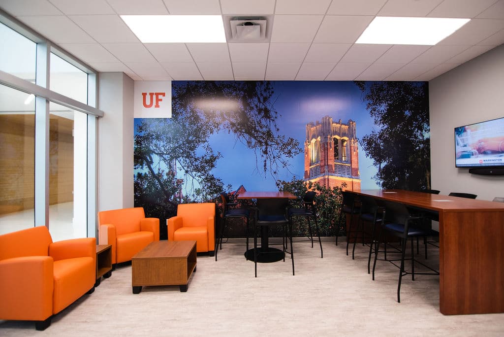 UF MBA South Florida Miramar location lobby with seating and study space for students
