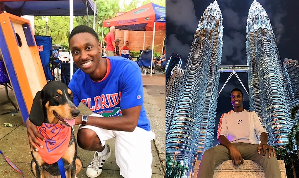 Two photos of Jayson Blankenship. One of him on the UF Campus petting a dog in a Gator shirt, and there other of him sitting below a large building in Malaysia.