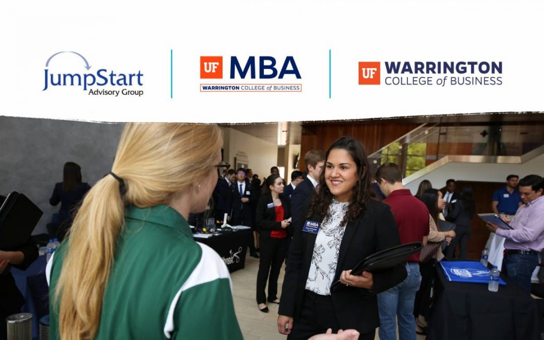 Student talking with recruiter below three logos for JumpStart, UF MBA and the Warrington College of Business