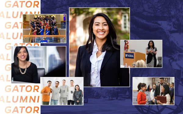 Six photos of Warrington alumni on a blue background with Gator Alumni written in orange