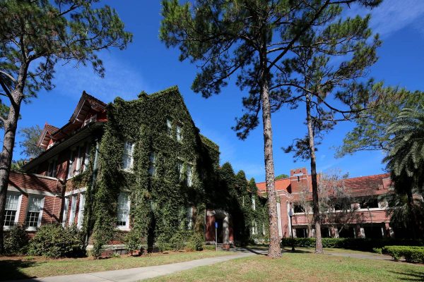 View of Bryan Hall covered in ivy