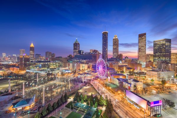 Atlanta, Georgia, USA downtown skyline at dawn.