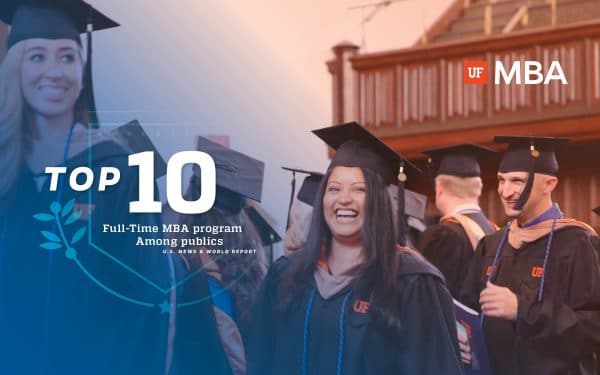 UF MBA students at graduation in their caps and gowns with overlay text that reads Top 10 Full-Time MBA program among publics U.S. News & World Report