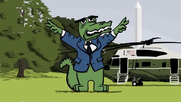 Cartoon gator in a suit holding hands up in peace signs on the White House lawn in front of Marine One helicopter
