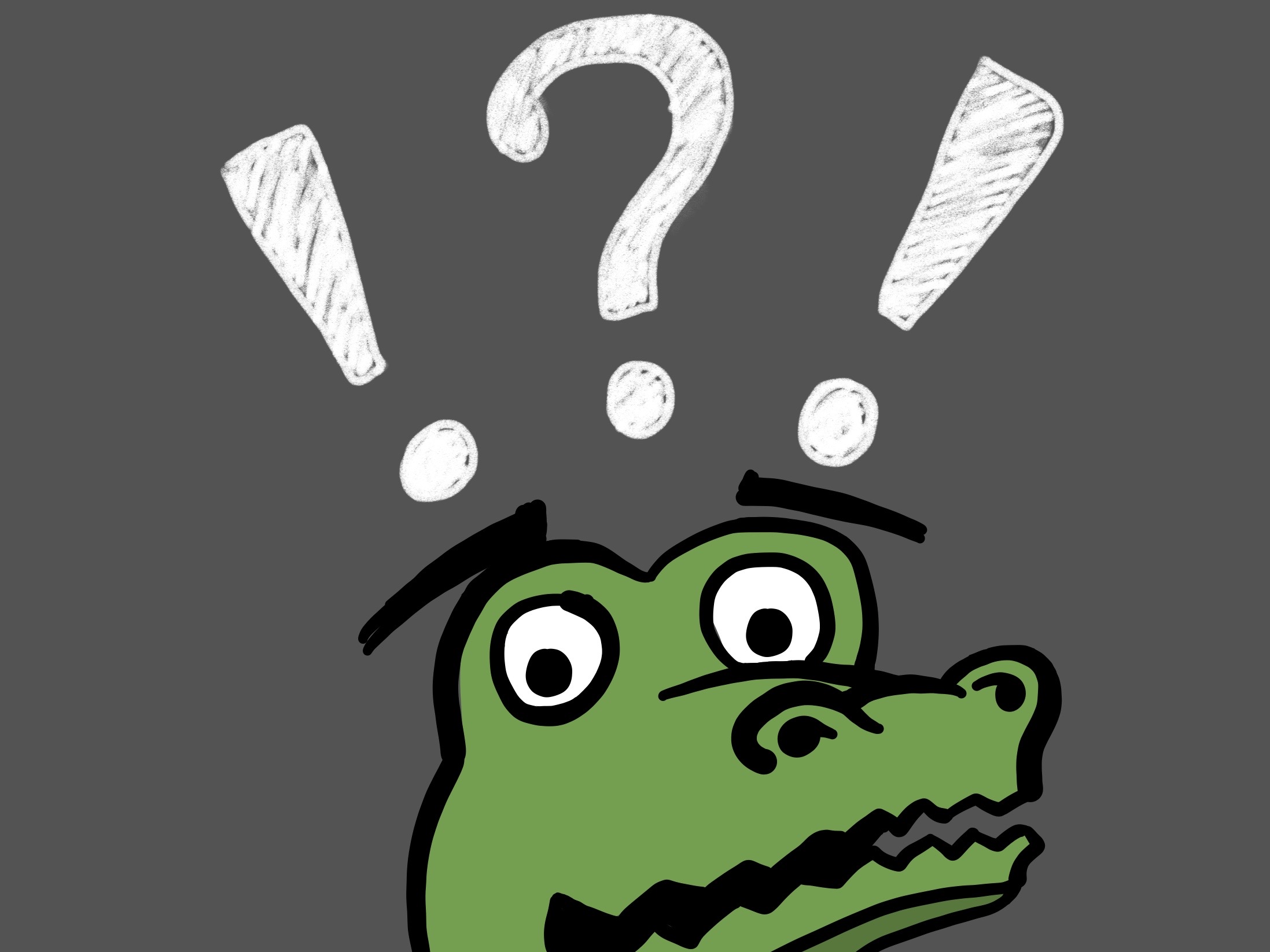 Cartoon gator head with a question mark and two exclamation points above his head