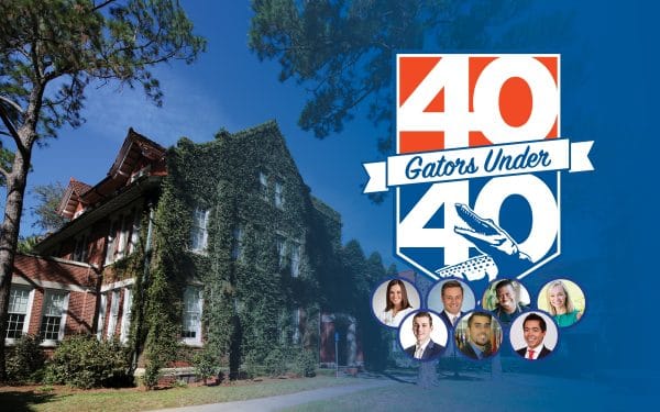 Photo of an ivy colored Bryan Hall with a logo that reads 40 Gators Under 40 with seven photos of the winners