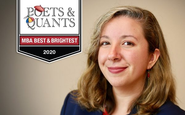 Nicole Howe with the Poets & Quants logo on a banner that reads MBA Best and Brightest 2020