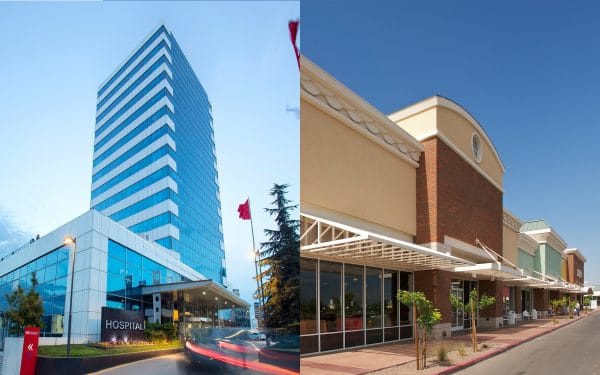 Side by side images of a hospital and an outdoor shopping center