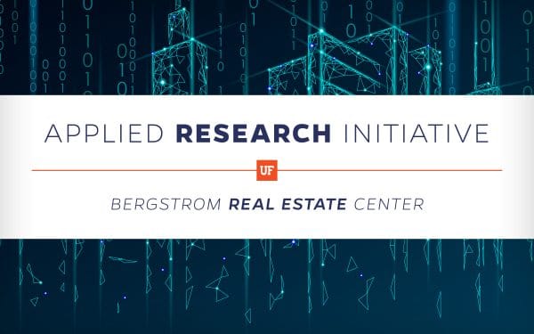 Applied Research Initiative, UF Bergstrom Real Estate Center with ones and zeros in vertical lines with geometric shapes glowing in the background