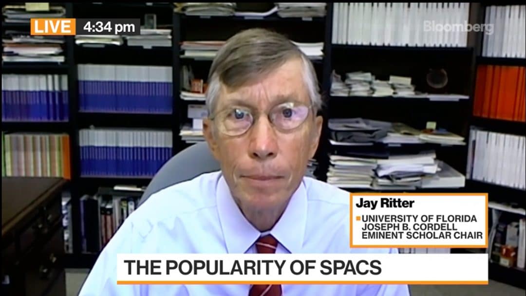 Jay Ritter speaks via Zoom. The lower-thirds line reads The popularity of SPACs.