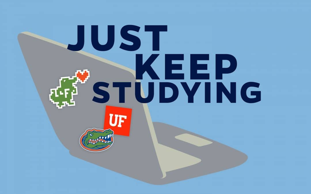 Cartoon laptop with three Gator stickers on a blue background with the words Just Keep Studying