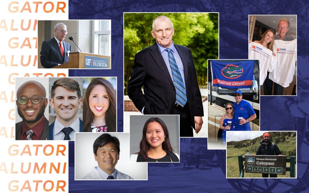 Collage image of Warrington alumni including Bill Hough, Al Warrington, Fred Fisher, Quinn Fisher Simpson, Vlad Charles, Chris DiBiase, Alyssa Forbess, Brian How, Victoria Liu, Nick Schumann and Adrienne and Randy Figur. All on a backdrop with orange text that reads Gator Alumni.