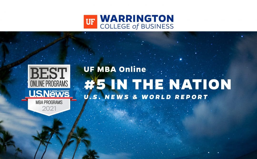 UF MBA Online #5 in the nation US News & World Report over twilight image of sky with palm trees.