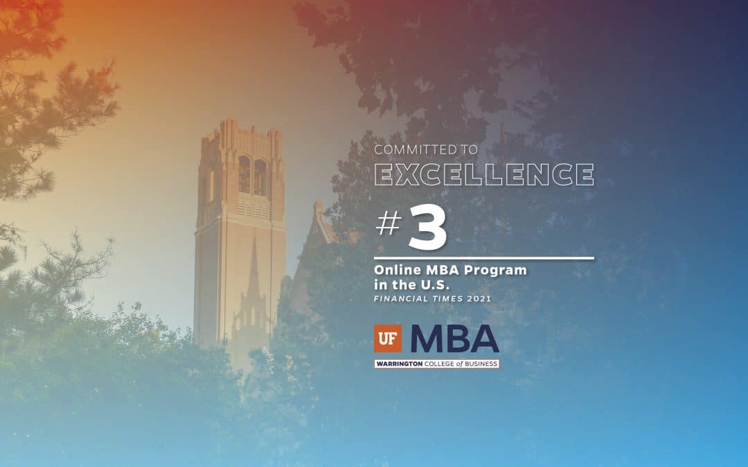 Century Tower with orange and blue gradient and text Committed to Excellence #3 Online MBA Program in the U.S. Financial Times 2021 UF MBA Warrington College of Business