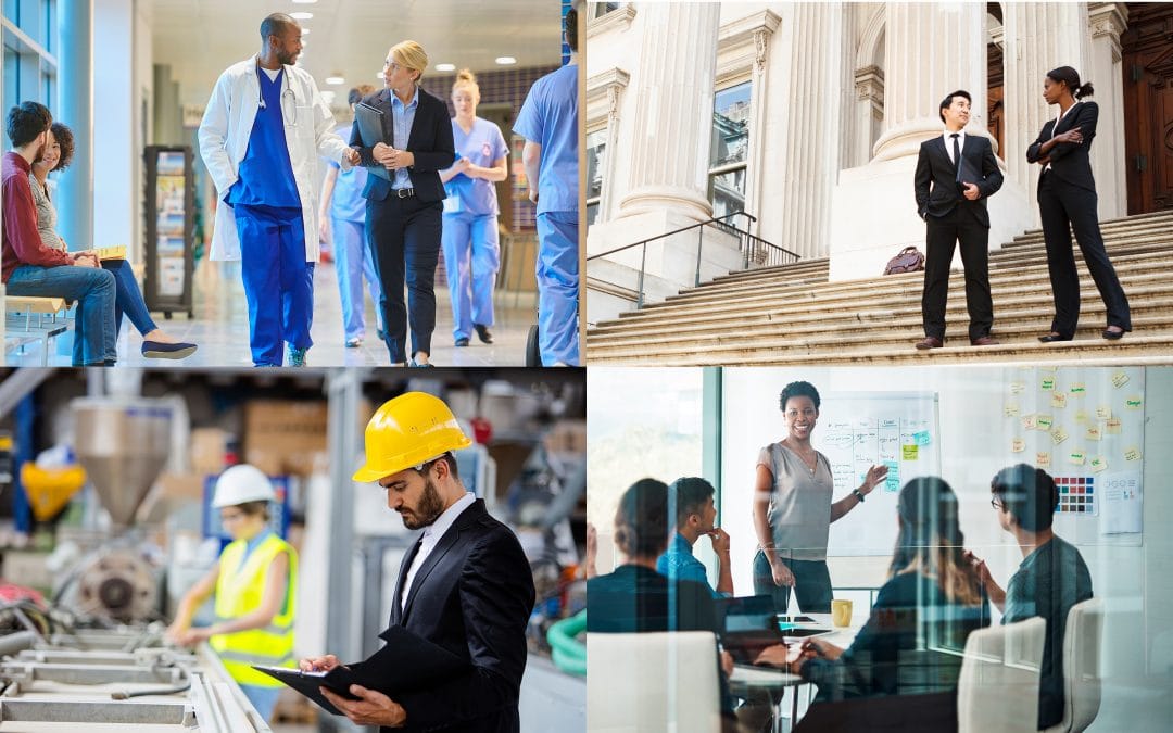 Four photo quadrants with images of various professionals at work, including medical professionals, lawyers, engineers and communications professionals.
