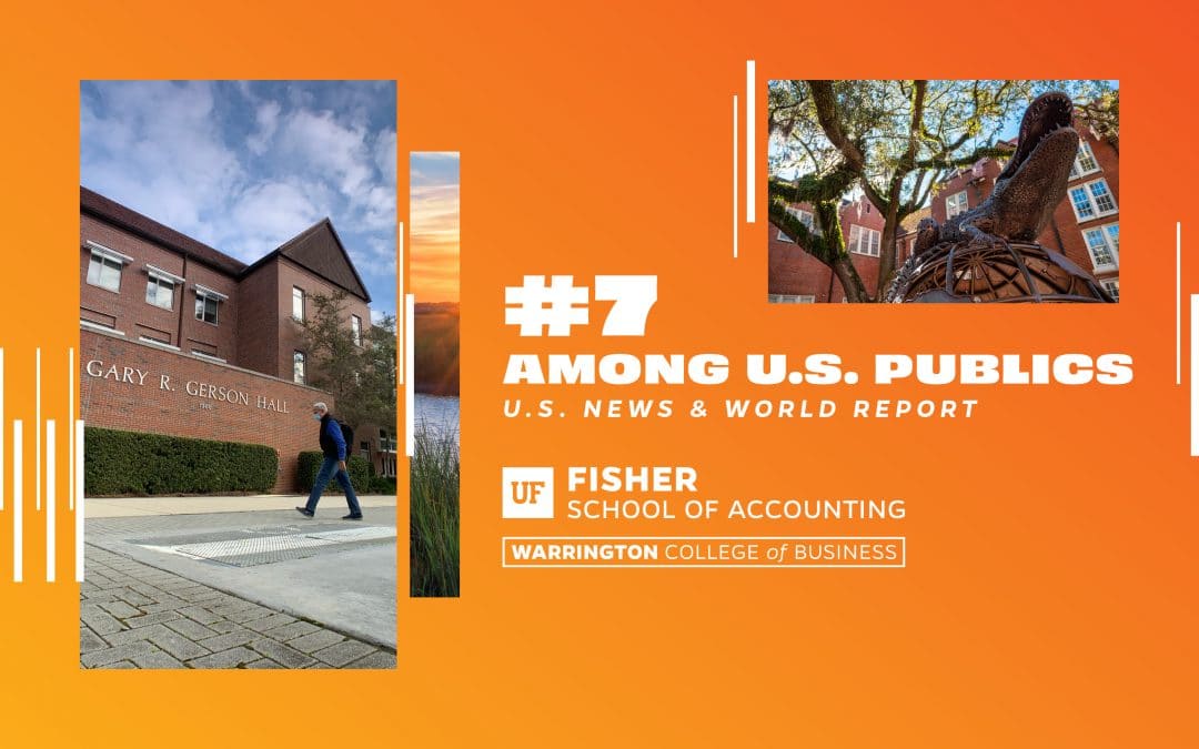 #7 Among U.S. publics US News & World Report Fisher School of Accounting text on orange background with photos of a building on campus and a bronze Gator statue.