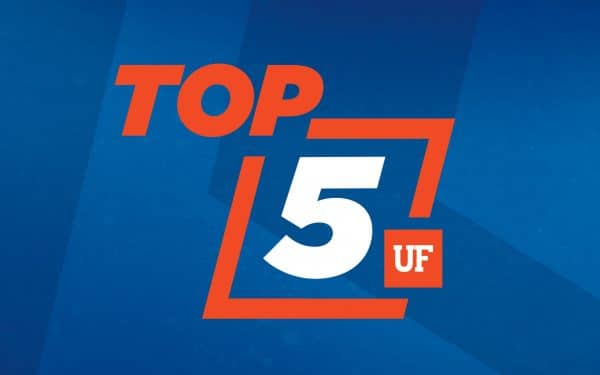 Orange and white text reading top 5 text with UF logo on top of a blue background