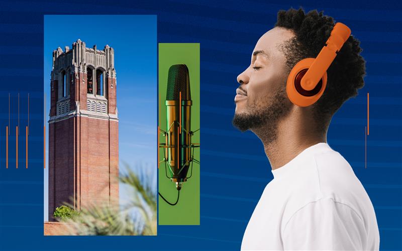 Side view of a man wearing headphones next to a photo of Century Tower and a microphone.