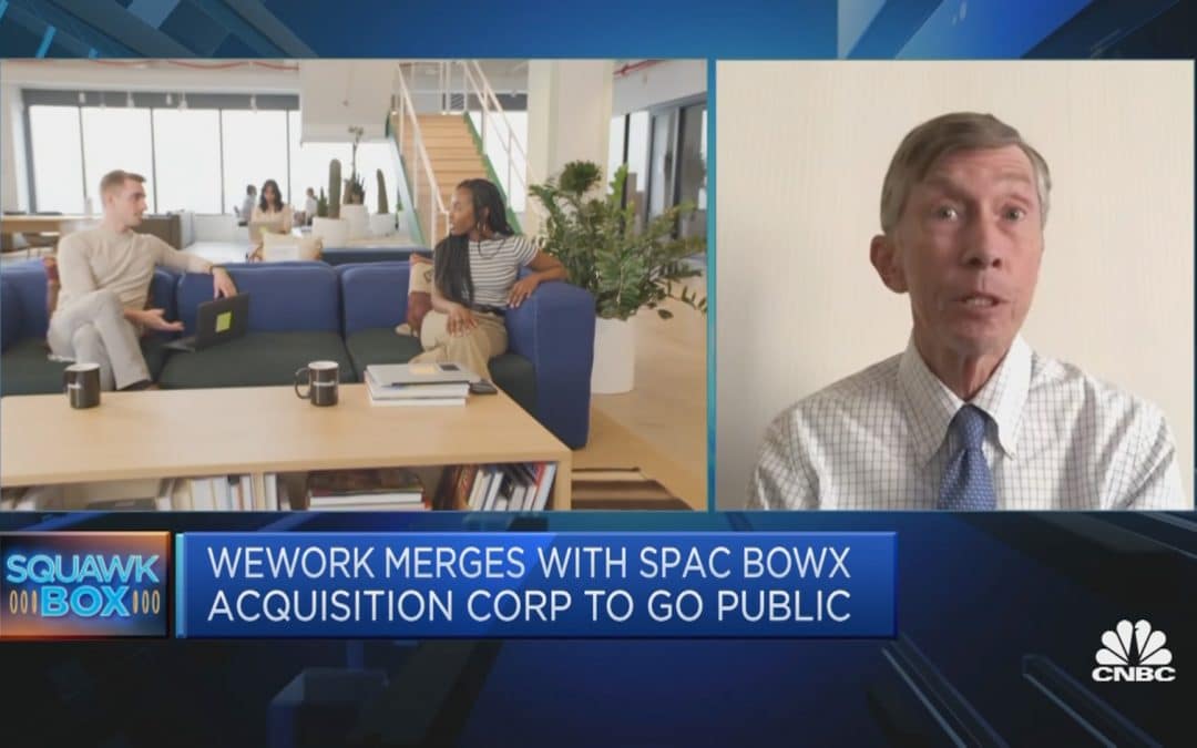 Side by side view of a WeWork office and Jay Ritter talking on CNBC's Squawk Box