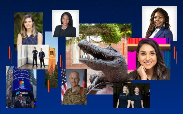 Photo collage of various male and female alumni on a blue background. All alumni photos center around a photo of a bronze Gator statue.