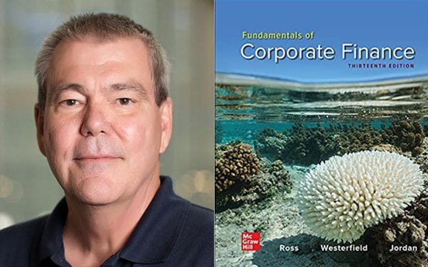 Side-by-side image of Brad Jordan with the cover of his textbook Fundamentals of Corporate Finance