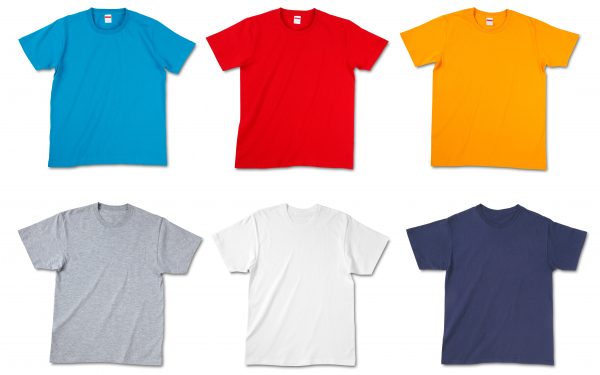 Photograph of six blank T-shirts, Blue, Red, Yellow, Gray, White, and Navy