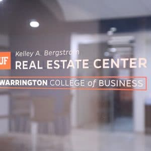 Text decal on a glass door that reads Kelley A Bergstrom Real Estate Center Warrington College of Business.