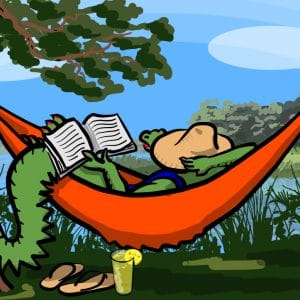 Cartoon alligator wearing a hat and reading a book while lounging in a hammock in front of a lake.