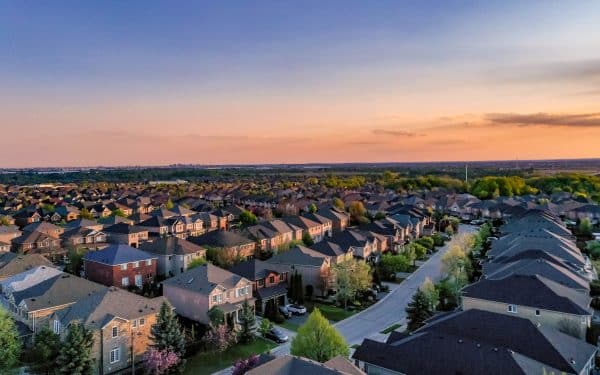 Aerial view of Residential Distratic at Major MacKenzie Dr. and Islinton Ave., detached and duplex house at Woodbridge and Kleinburg, Vaughan, Canada - stock photo