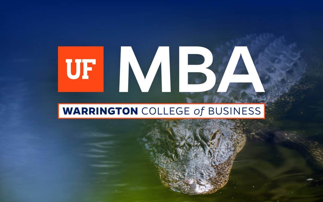 UF MBA Warrington College of Business logo on top of an alligator swimming in the water