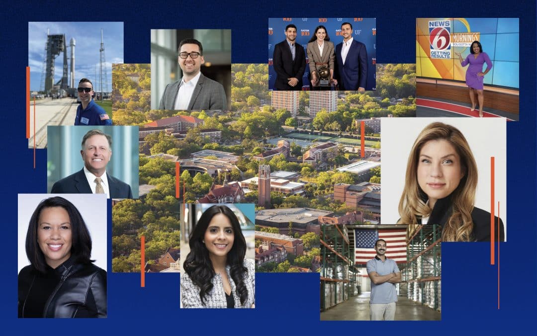 Collage of photos of male and female alumni over an arial photo of the UF campus