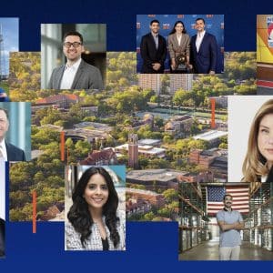 Collage of photos of male and female alumni over an arial photo of the UF campus