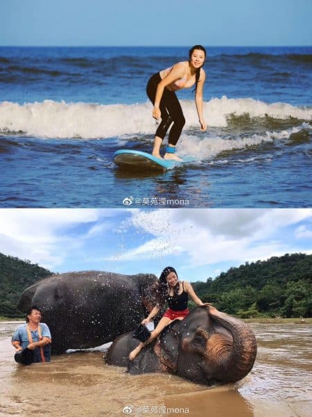 Yuanying Mo rides a surfboard in the ocean and sits on an elephant in a river.